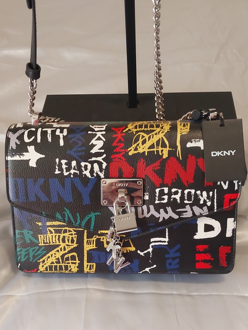 New DKNY Black Multi Graffiti Print Leather Crossbody